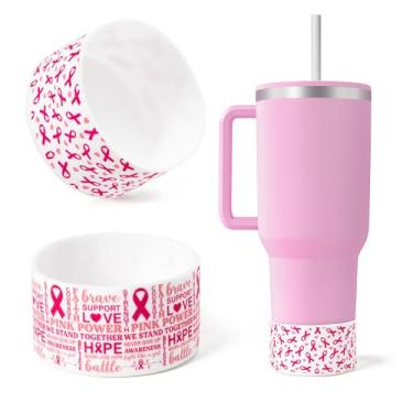 Imagem de R HORSE Bota de silicone para conscientização do câncer de mama – Pacote com 2 capas protetoras antiderrapantes com fita rosa para Stanley Quencher 30/1,134 g, bota inferior para Stanley Tumbler