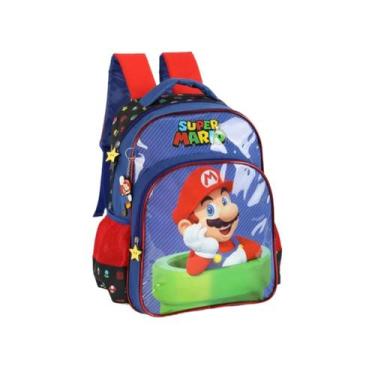 Imagem de Mochila Costas Super Mario Bros Meninos Escolar Passeio, Azul/Mario