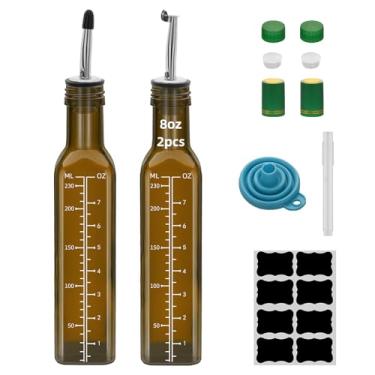 Imagem de 4 frascos distribuidores de azeite de oliva marrom com escala de 236 ml, conjunto de dispensador de óleo de vidro e vinagre de 250 ml com despejadores e funil, garrafas de óleo para cozinha garrafas