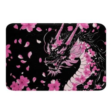 Imagem de Erosebridal Tapete de banheiro com dragão exótico, tapete de banho com flor de cerejeira japonesa, antiderrapante, mágico, animal selvagem, rosa, Sakura, selvagem, tapete de entrada 50 x 81 cm para