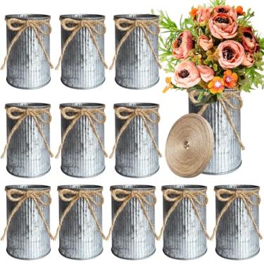 Imagem de Vasos de metal rústico para flores, vasos de flores vintage de metal galvanizado, decoração de casa, balde de flores galvanizado, baldes de flores de metal com laço de barbante para centros de mesa