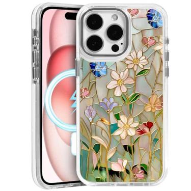 Imagem de TnXee Capa para iPhone 15 Pro Max, compatível com MagSafe, capa magnética clássica de proteção à prova de choque transparente - flor de vitral