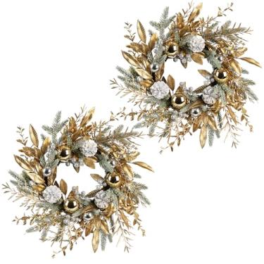 Imagem de Guirlanda de Natal para decoração de porta de Natal de 48 cm com luzes quentes, bolas de Natal, pinhas, galhos dourados, agulhas de pinheiro e bagas prateadas para decoração de casa ao ar livre