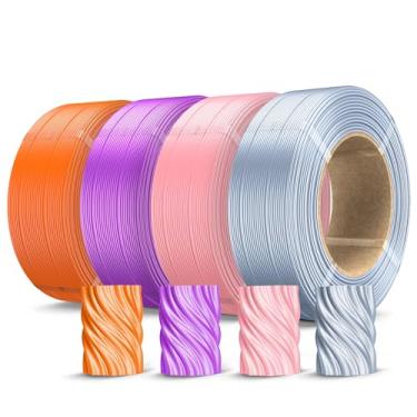Imagem de SUNLU Pacote de refil de filamento PLA de seda de 500 g de 1,75 mm, 4 cores, sem carretel, filamento de seda para carretéis reutilizáveis compatíveis com a impressora Bambu Lab A1, prata/rosa/roxo