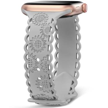 Imagem de Pulseira de girassol gravada compatível com Apple Watch de 40 mm, 41 mm, 38 mm, 42 mm, 44 mm, 45 mm e 49 mm, feminina, de renda vazada, esportiva e floral macia para Apple Watch séries 9, 8, 6, 5, 4, 3, 2, 1 e SE Ultra Ultra 2
