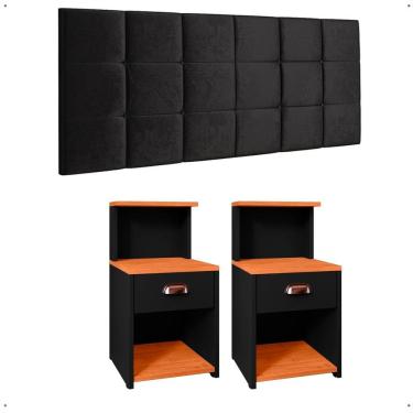Imagem de Kit Quarto 2 Mesinhas Cléo Pequena Gaveta Nicho Mudo Retrô Cabeceira Estofada Suspensa Bia Cama Box Casal Queen 1,60 - RPM