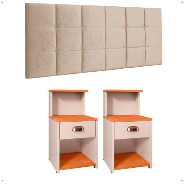 Imagem de Kit Quarto 2 Mesinhas Cléo Pequena Gaveta Nicho Mudo Retrô Cabeceira Estofada Suspensa Bia Cama Box Casal Queen 1,60 - RPM