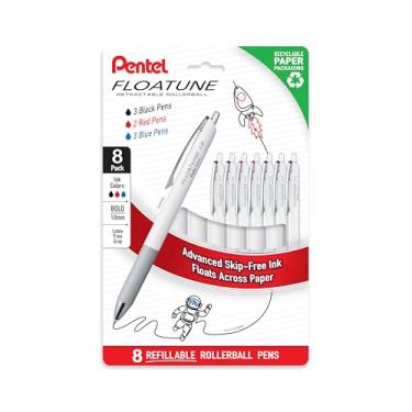 Imagem de Pentel Floatune esferográfica retrátil, ponta ousada de 1,0 mm, tinta preta, vermelha e azul, sem plástico, pacote com 8 (BY210PF8OFC)