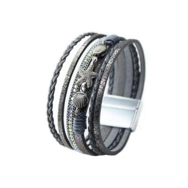 Imagem de P Ammy Fashion® Pulseira de couro multicamadas com strass, estrela-do-mar, empilhável, boho, pulseira, joia boêmia, presente para mulheres ou meninas adolescentes com fecho magnético, Couro sintético,