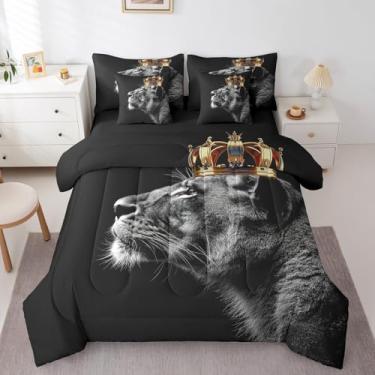 Imagem de Homewish Jogo de lençol King reversível com estampa de leão selvagem, estampa de animais selvagens, cinza, com edredom, lençol de cima e lençol de cima