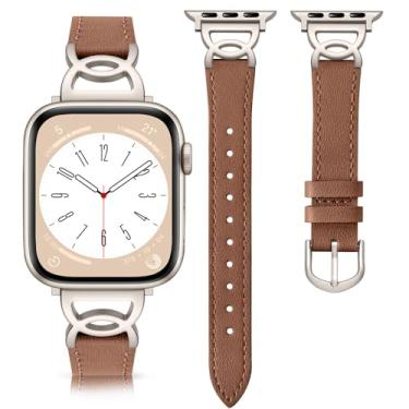 Imagem de DaQin Pulseira de couro fina compatível com relógio Apple para mulheres de 40 mm, 38 mm, 41 mm, 42 mm, 44 mm, 45 mm e 46 mm, pulseira de couro elegante com fivela de metal para Apple Watch séries 10