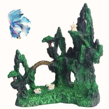 Imagem de Saim Decoração de aquário grande - Caverna de esconderijo de resina para aquário de peixes com vista para montanha para decoração de tanque Betta com esconderijo, pedra de escalada para peixes