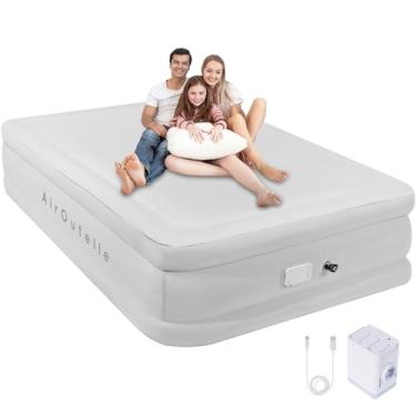 Imagem de AirOutelle Colchão De Ar Queen Com Bomba Embutida, Inflável Elétrico Recarregável 2500 Mah Para Camping, Portátil Fiber-Tech Interno E Externo (Altura 45 Cm, Cinza Claro)