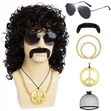 Imagem de YTbeauty Conjunto de 6 peças de peruca masculina para discoteca dos anos 70 e 80 com óculos de sol, bigode, sinal de paz, corrente dourada para festa de roqueiro, peruca longa encaracolada preta com