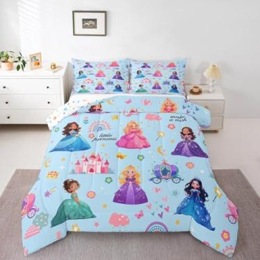Imagem de jejeloiu Jogo de cama casal de princesa, castelo, para crianças, adolescentes, adultos, fada, sonhador, arco-íris, flor, azul, decoração de quarto, 3 peças com 2 fronhas, macio para todas as estações