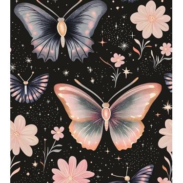 Imagem de Papel de parede floral borboleta descascar e colar vintage preto rosa papel de contato 44,5 cm x 299,7 cm papel de parede boho autoadesivo à prova d'água removível para crianças meninas quarto