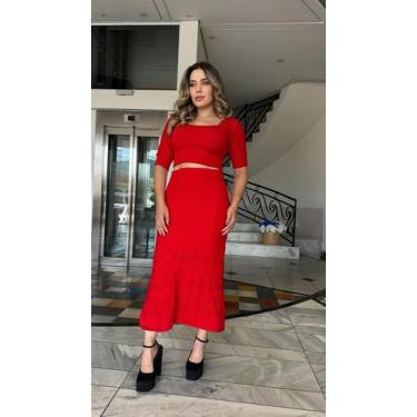 Imagem de Conjunto Tricô Blusa Manga Curta + Saia Longa Rendada - Via Moderna Tr