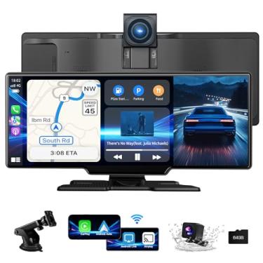 Imagem de Tela Carplay sem fio para carro, tela automotiva Android de 10,4 polegadas, compatível com A-pple CarPlay, 4K frontal e câmera traseira 1080P, gravação em loop, FM, AUX, BT, MirrorLink, controle de