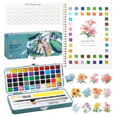 Imagem de Livro de exercícios em aquarela, livro de colorir com água, 12 padrões diferentes de designs originais DIY, conjunto de tinta aquarela de 50 cores com paleta e pincel, livros de aquarela para