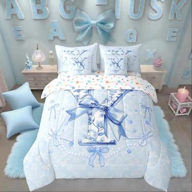 Imagem de Erosebridal Jogo de cama casal com laço de coquete azul, 7 peças, conjunto de edredom com laço de coquete para meninas, crianças, adolescentes, fantasia, estética, colcha com laço em Y, presentes para