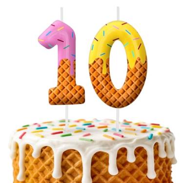 Imagem de Velas de aniversário de sorvete, decoração de topo de bolo de 6 cm, número 10 velas, decorações de aniversário, decorações de bolo de festa de aniversário, suprimentos de festa