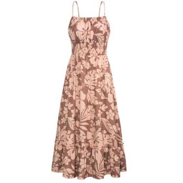 Imagem de Vestido longo GRACE KARIN com babados, alça espaguete, café, floral