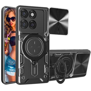 Imagem de Ephoou Capa para Motorola Edge 60 Pro com suporte de anel magnético, lente de câmera deslizante integrada - capa resistente à prova de choque de grau militar para Edge 60 Pro JS-preta