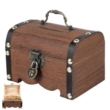 Imagem de Yardwe Caixa de armazenamento de tesouro de madeira vintage organizador cofrinho caixa de poupança com cadeado decorativo cofre de moedas