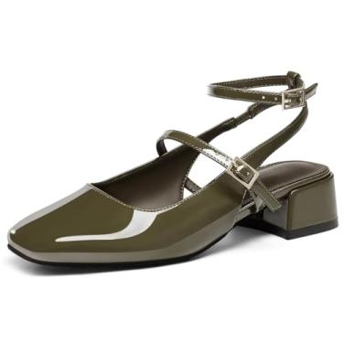 Imagem de Coutgo Sapato feminino Mary Jane de salto baixo, bico quadrado, fechado, tira no tornozelo, sapato social para festa de casamento, Verde oliva, 38