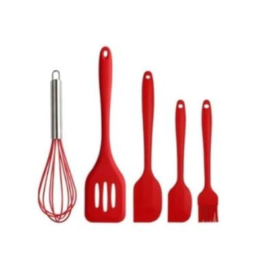 Imagem de Colher De Silicone Para Cozinha - Kit 5 PeçAs UtensíLios De Silicone Antiaderente | Inclui EspáTula, Garfo, EspáTula De Confeitaria E Pincel | NãO Risca Panelas | (Kit 5 peças Vermelho)