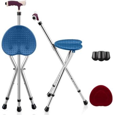 Imagem de GYMAX Conjunto de cadeira de bengala, assento dobrável de cana com luz LED, placa de assento de massagem e alça ergonômica, bengala de caminhada antiderrapante ajustável com banquinho, banco leve para