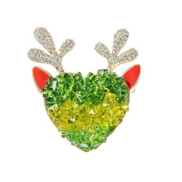 Imagem de Kokoma Broche de coração de rena de cristal para mulheres, chifres vermelhos de zircônia cúbica verde broche de lapela de Natal distintivo de pano de corpete alfinetes de segurança para acessório
