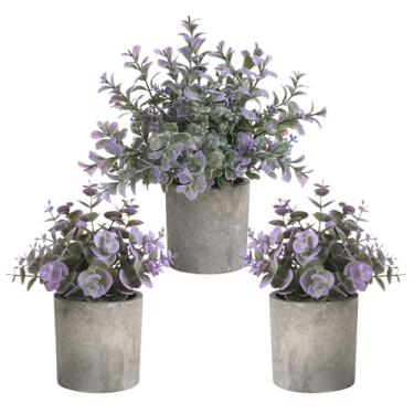 Imagem de RUIDKUN Pacote com 3 mini plantas falsas roxas de plástico artificial de eucalipto para casa, escritório, mesa, banheiro, mesa de centro e prateleira