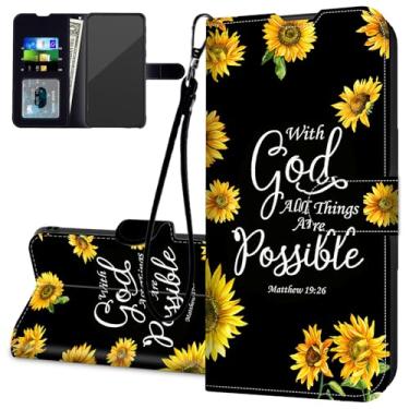 Imagem de RAUEDWDJS Capa carteira para Samsung Galaxy A17 5G, suporte de cartão de couro PU com alça de pulso flip à prova de choque para Samsung A17-girassol Matthew 19:26