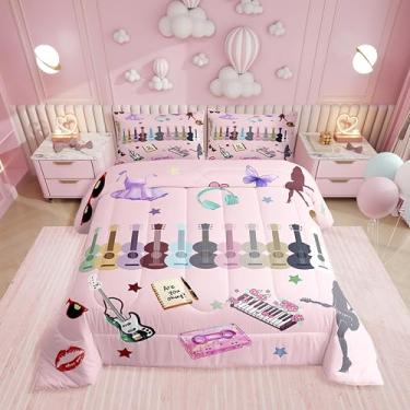 Imagem de Erosebridal Jogo de cama solteiro com tema de guitarra, fãs de música, rosa, para crianças, meninas, mulheres, moderno, aniversário, dia dos namorados, 2 peças, decoração de quarto