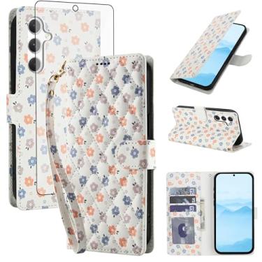 Imagem de Asuwish Capa de celular para Samsung Galaxy S23 FE 5G carteira celular com protetor de tela de vidro temperado porta-cartão de flores com suporte protetor S 23 EF S23FE 23S mulheres homens flores