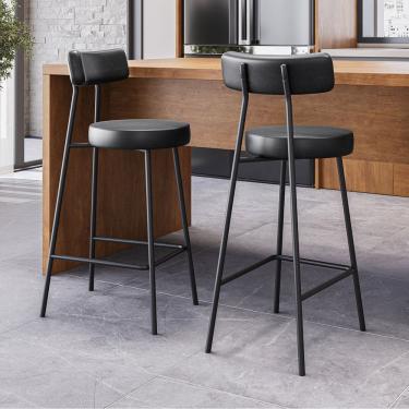 Imagem de Kit 02 Banquetas Alta Cozinha Kobe Estofada com Encosto Couríssimo Preto - Desk Design