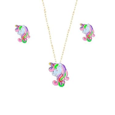 Imagem de Conjunto de colar e Brincos infantil de Unicórnio - Lindo presente para Criança - moda infantil