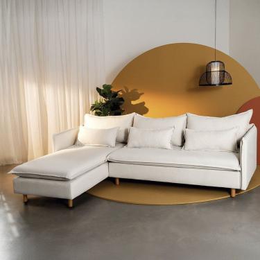 Imagem de Sofá Modular 3 Lugares com Chaise e Pé Madeira Sôma Cabecasa Madeiramadeira Linho Natural
