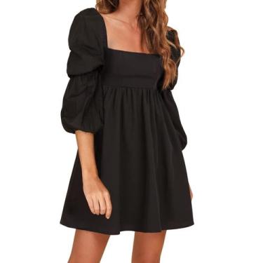 Imagem de Vestido feminino EXLURA, gola quadrada, manga comprida, linha A, preto