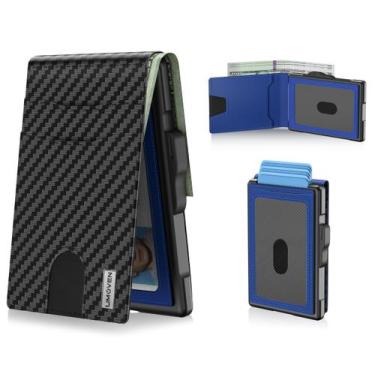 Imagem de Capa dobrável Wallet Umoven com bloqueio de RFID em couro azul carbono