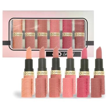 Imagem de Gireatick Conjunto de 6 peças de maquiagem de batom fosco, nude/rosa/rosa vermelho/malva/marrom fosco, batom de veludo sedoso fosco de longa duração à prova de manchas