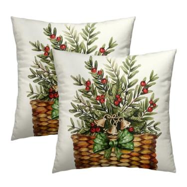 Imagem de Mweet Capas de almofada botânicas de inverno 40,6 x 40,6 cm, conjunto de 2 ramos de pinheiro festivo frutas vermelhas em cesta fronhas quadradas de algodão para sofá, cama, varanda, cabine, decoração