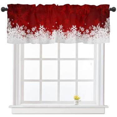Imagem de Cortinas de cozinha de Natal, sanefas para janelas, inverno, floco de neve, vermelho, para janela, pequena, 137 x 45 cm, cobertura de casa de fazenda, bolso para varão, curto, sanefa para decoração de