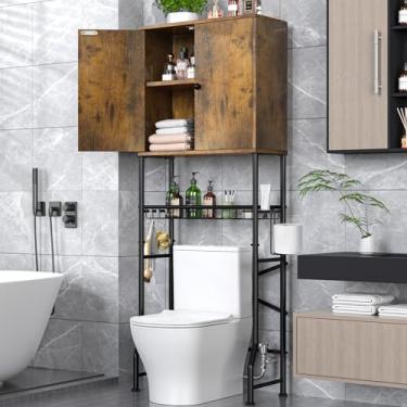 Imagem de Armário de armazenamento sobre o vaso sanitário – Prateleira organizadora de banheiro de 2 portas, rack de vaso sanitário independente com proteção de privacidade, resistente à água acima do armário