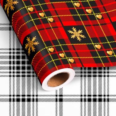Imagem de Dtiafu Rolo de papel de embrulho de Natal xadrez reversível vintage vermelho preto toile Buffalo xadrez design folhas de embrulho de presente para celebração de festa de Natal inverno - total 28,5 m²