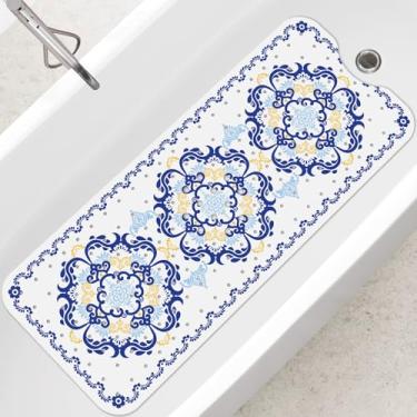 Imagem de SHUCHING Tapete de banheira para adultos antiderrapante 101 x 40 cm, tapete de chuveiro extra longo, antiderrapante, sem molde para banheiro, lavável na máquina, azul boho