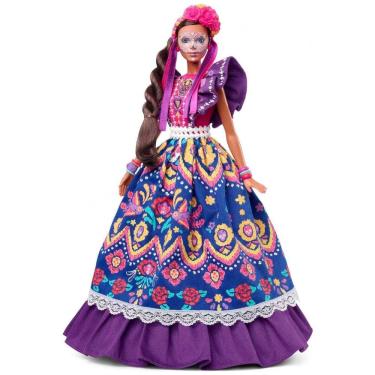 Imagem de Día De Muertos com Vestido Tradicional de Babados, Coroa de Flores e Pintura Colorida, BARBIE HBY09, Violeta