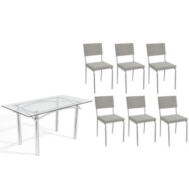 Imagem de Conjunto: Mesa Sala Jantar Elba C- Tampo De Vidro 150cm E 6 Cadeiras Zaria Cromada - Boucle Cinza - Kappesberg