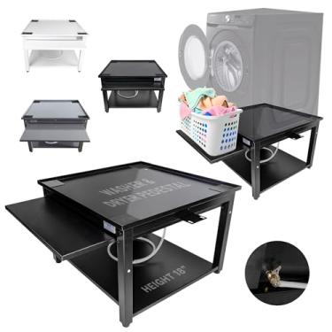 Imagem de EZ Laundry Pedestais de lavadora e secadora - Suporte ergonômico de 61 a 45 cm com bandeja de drenagem e prateleira removível - Liga de aço preta comporta 362 kg - reduz dores nas costas